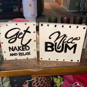 Decorative Wooden Bathroom Signs with Black Text